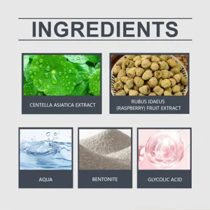 Detaillierte Inhaltsstoffe Ansicht der Gesichtsmaske mit Centella, Bentonit und Glykolsäure.
