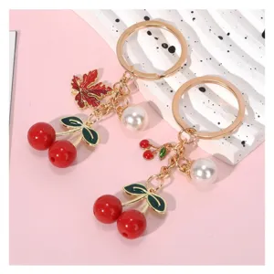 Red Cherry Resin Keychain With Artificial Pearl Maple Leaf Charm Zinc Alloy Gold Metal Key Ring Bag Pendant Jewelry