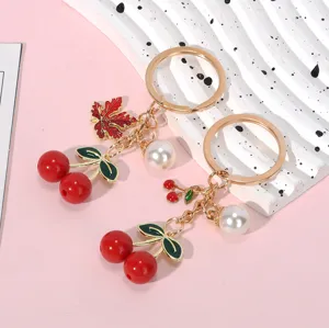 Red resin cherry keychain with pearl and gold metal chain for bag pendant
