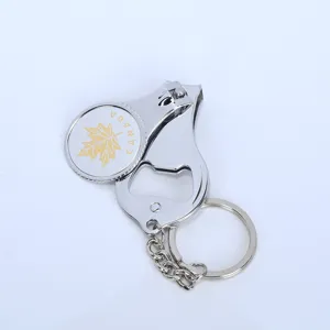 3-in-1 chrome metal keychain featuring nail clipper and bottle opener functionality.