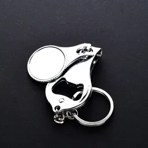 3-in-1 silver metal keychain with nail clipper, bottle opener and custom logo area