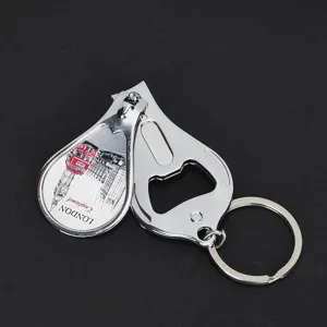 Close-up of 3-in-1 nail clipper keychain with London souvenir bus and Big Ben design