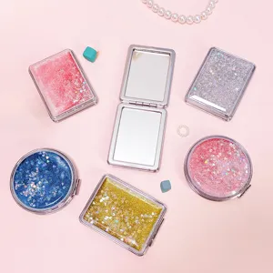 Portable Foldable Double Sided Quicksand Makeup Mirror Round Glitter Heart Sequins Compact Travel Mirror For Women Students