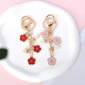 Llavero de Sakura de Metal de Estilo Japonés Colgante de Flor de Cerezo de Esmalte Con Perla Artificial Diamante de Imitación