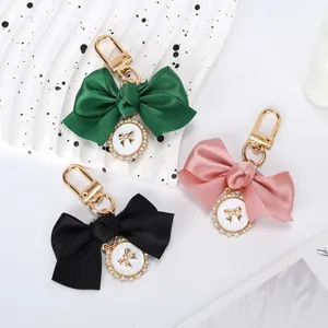 Bowtie Keychain Bag Charm For Women Elegant Satin Ribbon Keychain With Artificial Pearl Rhinestone Heart Pendant Gift For Girls