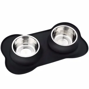Stainless steel pet double bowls with black silicone bone shaped placemat for dog feeding main view