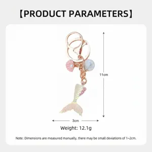 Detailed size view of iridescent mermaid tail keychain with 11cm height measurement