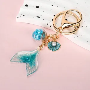 Dreamy Mermaid Tail Keychain For Women Gradient Fish Scale Bag Charm Metal Shell Starfish Pendant Rhinestone Artificial Pearl Key Ring Gift