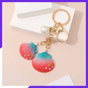 Creative Gradient Acrylic Resin Seashell Keychain With Artificial Pearl Gold Alloy Star Pendant Fashion Bag Charm Car Keyring Gift