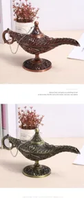 Detail view of ornate vintage Aladdin magic lamp ornaments in bronze and brass