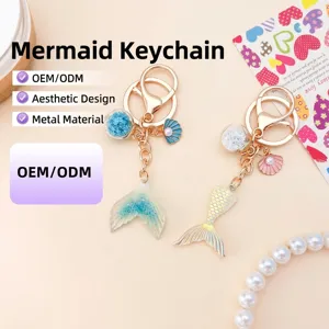 Creative Mermaid Tail Keychain Gradient Fish Tail Keyring With Ocean Charms Bag Pendant Decoration For Women Student Gift