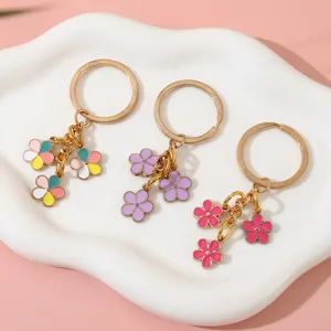 Colorful Enamel Flower Keychain Gold Zinc Alloy Metal Bag Pendant Korean Style Floral Key Ring Women Fashion Jewelry Gift