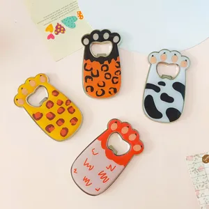 Cute cat paw metal bottle opener refrigerator magnets with colorful leopard and cow patterns