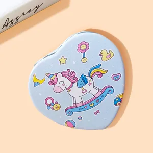 Heart-shaped portable makeup mirror with a cute cartoon unicorn and baby pattern decoration