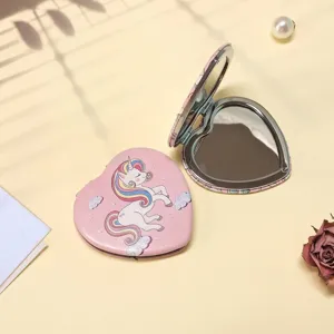Cartoon Unicorn Heart Shaped Portable Folding Makeup Mirror PU Leather Pocket Mirror For Women Girls Compact Travel Mirror