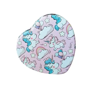 Cute heart-shaped portable makeup mirror with pastel cartoon unicorn and rainbow pattern
