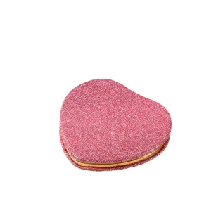 Pink glitter heart-shaped portable folding makeup mirror for travel and daily use