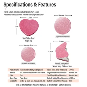 Portable glitter pink heart and round folding mirrors with detailed size specifications