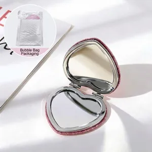 Portable heart-shaped glittery pink folding double-sided makeup mirror for travel