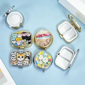 Portable Metal Pill Box Moisture Proof Medicine Case Travel Jewelry Organizer With Embossed Cartoon Cat Floral Pattern