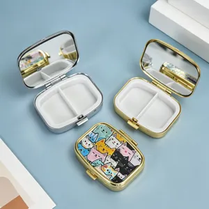 Portable square 2-compartment metal pill box with internal mirror and colorful cat pattern