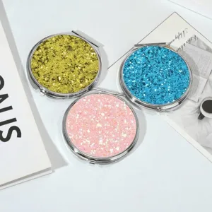 Mignon Miroir de Maquillage de Poche Pliable Rond Avec Paillettes Miroir de Poche Compact Double Face Portable pour Voyage Femme Quotidien