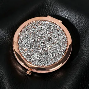 Luxury rose gold round folding compact mirror decorated with sparkling rhinestones