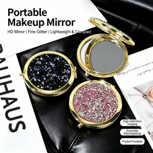 Luxury Glitter Rhinestone Round Double Sided Compact Makeup Mirror Portable Folding Pocket Cosmetic Mirror Gift For Women