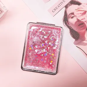 Portable Quicksand Makeup Mirror Double-Sided Folding Pocket Compact Mirror With Liquid Glitter Heart Sequins For Women Girls Students