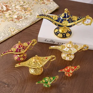 Luxury Retro Alloy Aladdin Magic Lamp Ornament European Palace Style Embossed Enamel Desktop Decor For Home Office Banquet Gift