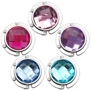 Portable circular metal foldable purse hooks with colorful faceted crystals