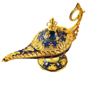 Ornate blue and gold Aladdin magic lamp decorative ornament with intricate floral patterns.