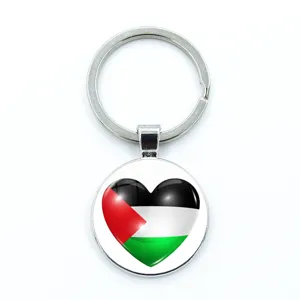 Detailed view of Palestine flag heart keychain featuring a polished metal ring and glass dome
