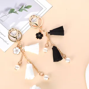 Cute Korean Style Cherry Blossom Tassel Keychain Zinc Alloy Artificial Pearl Flower Bag Pendant Car Keyring For Women