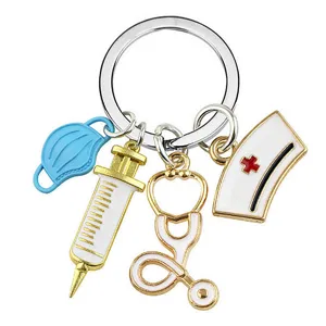 Portachiavi medico professionale in metallo con ciondoli stetoscopio siringa e cappello