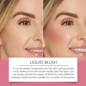 Dettaglio di blush liquido che mostra l'effetto guance rosee naturale prima e dopo.