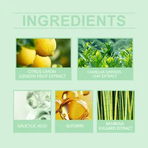 Dettagli ingredienti del detergente viso anti-acne con limone e acido salicilico.