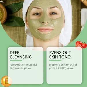 Groene tomaten gezichtsmasker detail met diepe reiniging en egaliserende glans effecten.