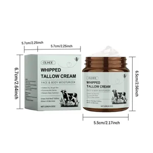 Whipped tallow cream jar and box detail showing dimensions, natural moisturizer for face and body.