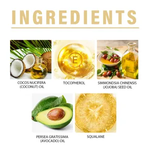 Infografica ingredienti naturali olio labbra con cocco, jojoba e olio di avocado.