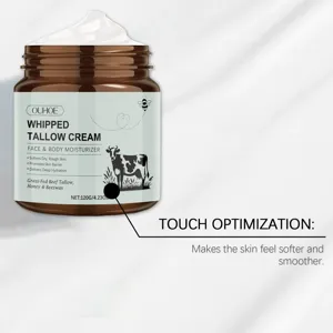 OUHOE whipped tallow face and body moisturizer jar detail showing rich creamy texture and formula.