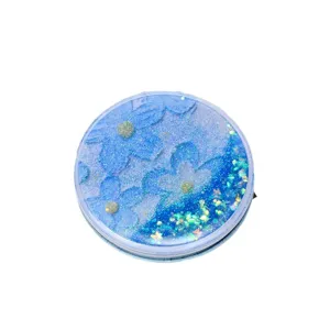 Sparkling blue floral quicksand portable folding makeup mirror with glitter sequins for travel