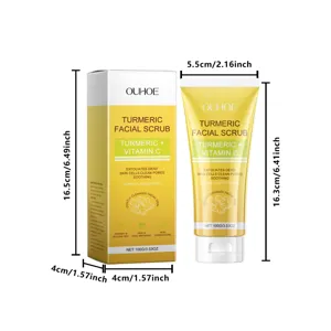 Vista dettagliata dello scrub viso alla curcuma OUHOE con confezione e dimensioni per la pelle.