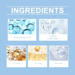 Grafica di dettaglio degli ingredienti skincare con acido ialuronico e collagene.