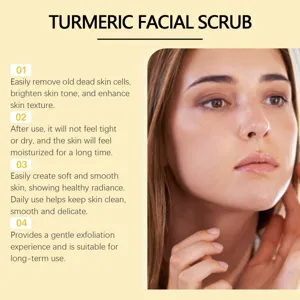 Dettaglio scrub viso alla curcuma che mostra risultati di pelle liscia e benefici.