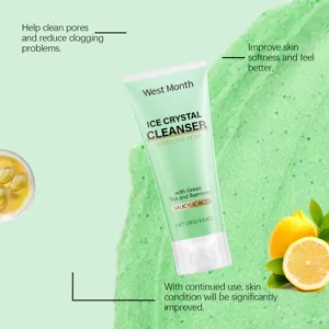 Vista dettagliata del detergente viso cristallo di ghiaccio al tè verde West Month, 100g tubo.