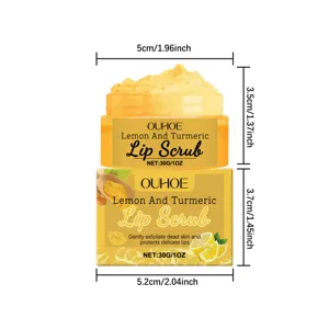 Lemon turmeric lip scrub jar detail view with dimension indicators, natural exfoliating care.