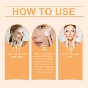 Graphique detaille des instructions d'utilisation de la creme depilatoire en trois etapes.