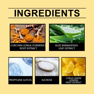 Detailed ingredients chart featuring natural extracts like turmeric, aloe, and lemon for lips.