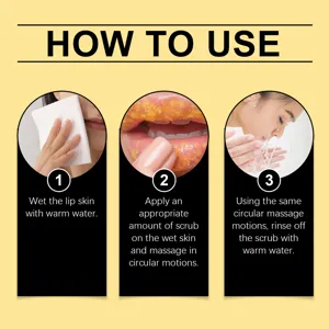 OUHOE turmeric lemon lip scrub instruction graphic showing three easy steps to gently exfoliate.